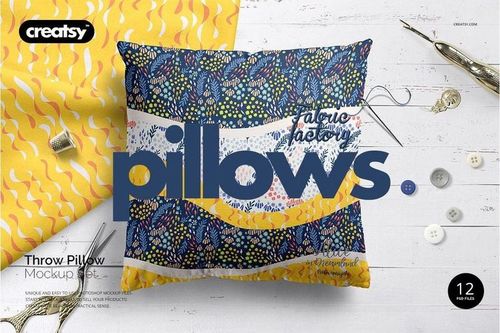 Front view of a throw pillow mockup featuring colorful fabric and sewing tools, including scissors and buttons.