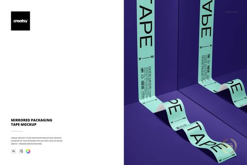 Front view of mirrored packaging tape mockup featuring light blue tape with bold black text on a purple background.
