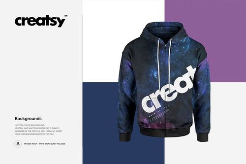 Men's zip up hoodie with a galaxy pattern, front view, displayed on a color-block background in a mockup.
