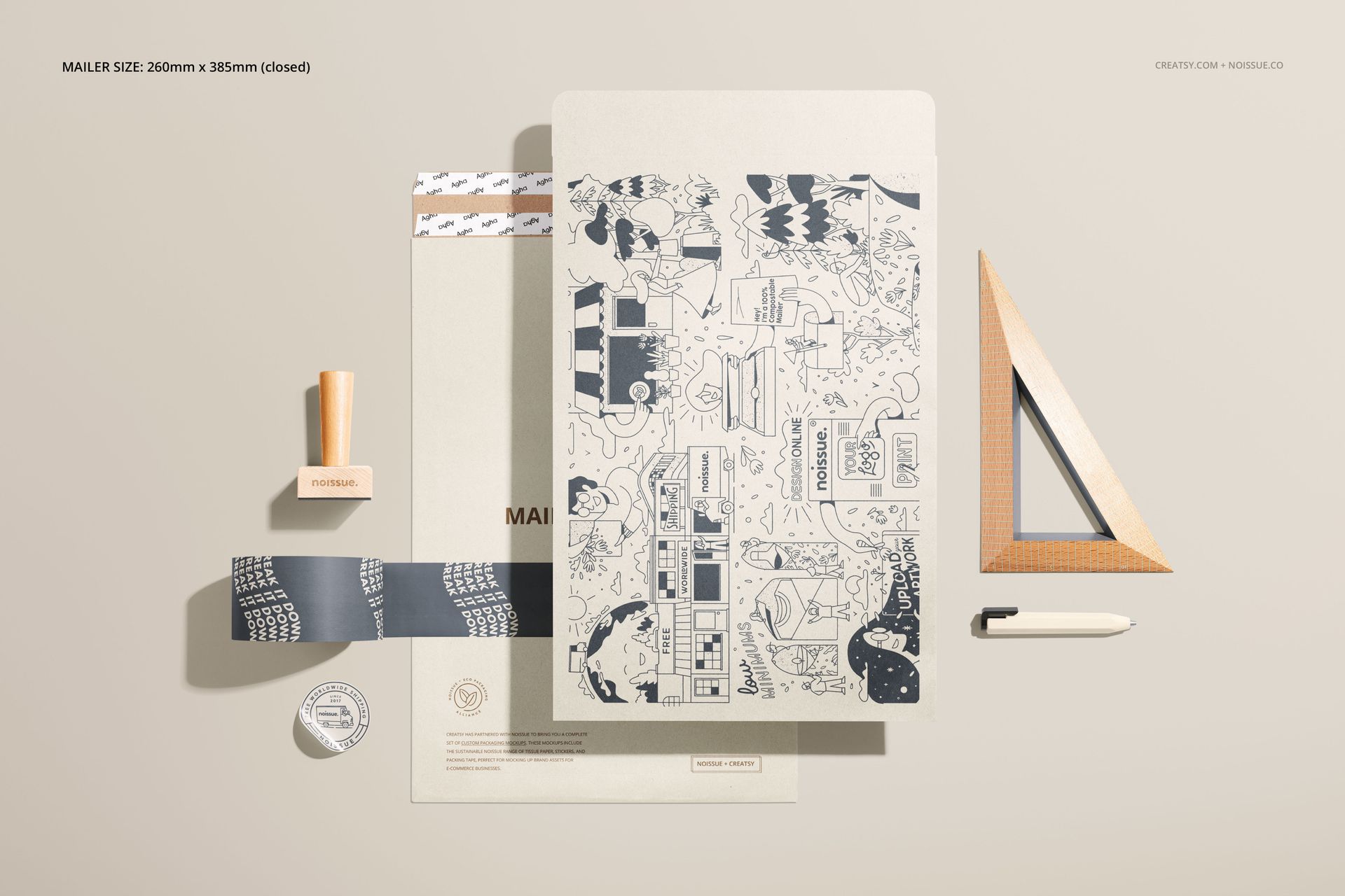 Flat lay of kraft mailer packaging mockup set with geometric patterns, stationery items, and wooden triangle ruler.