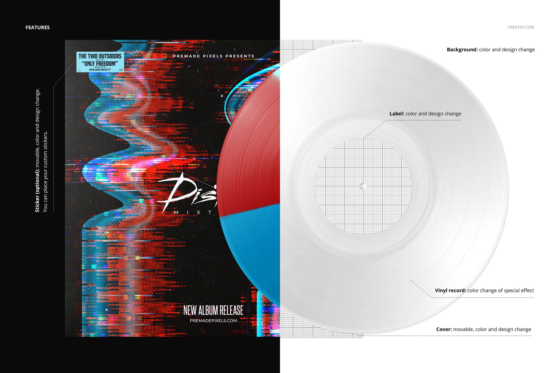 Front view of a vinyl record and cover mockup with multi-color segments effect, featuring red and blue areas.