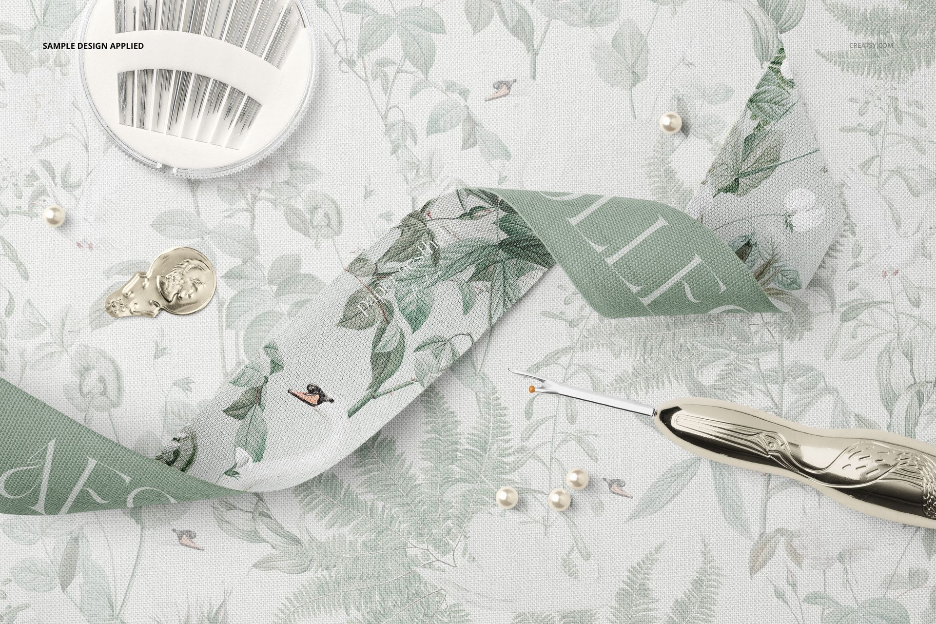 Closeup of Wide Cotton Ribbon and Sewing Tools Mockup - mockup screenshot 4