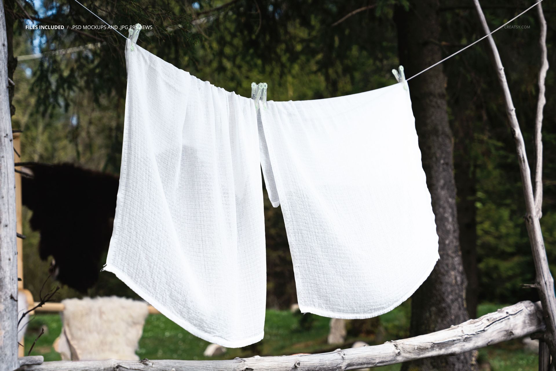 Hanging Muslin Cloth in Forest Mockup - mockup screenshot 2