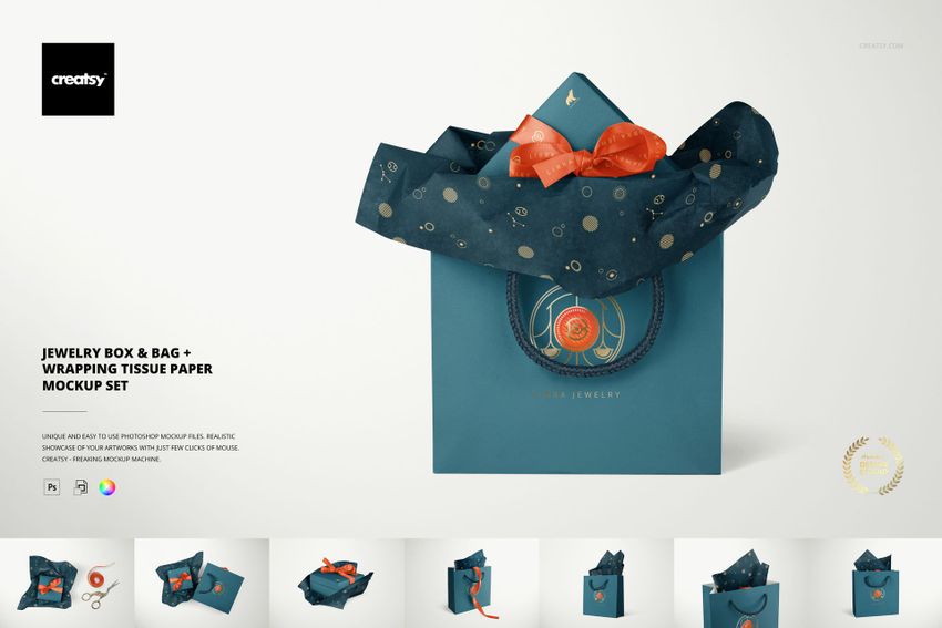 Teal jewelry box and matching bag with orange bow and dark blue wrapping tissue, shown in a PSD mockup scene.