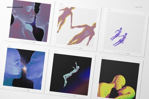 Square cards and envelopes mockup set featuring six cards with abstract human figures in various colorful poses, top view.