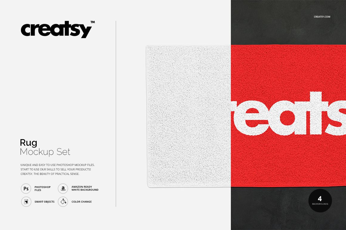 Rectangular rug mockup with a split design, featuring white and red sections and bold white text, top view.