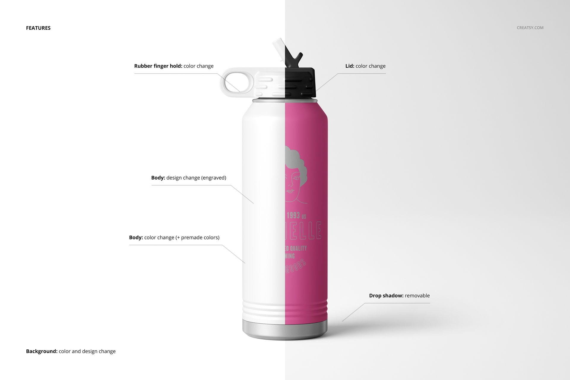 Front view of a powder coated 40 oz. water bottle mockup with half pink and half white body, white lid, and shadow on a light background.