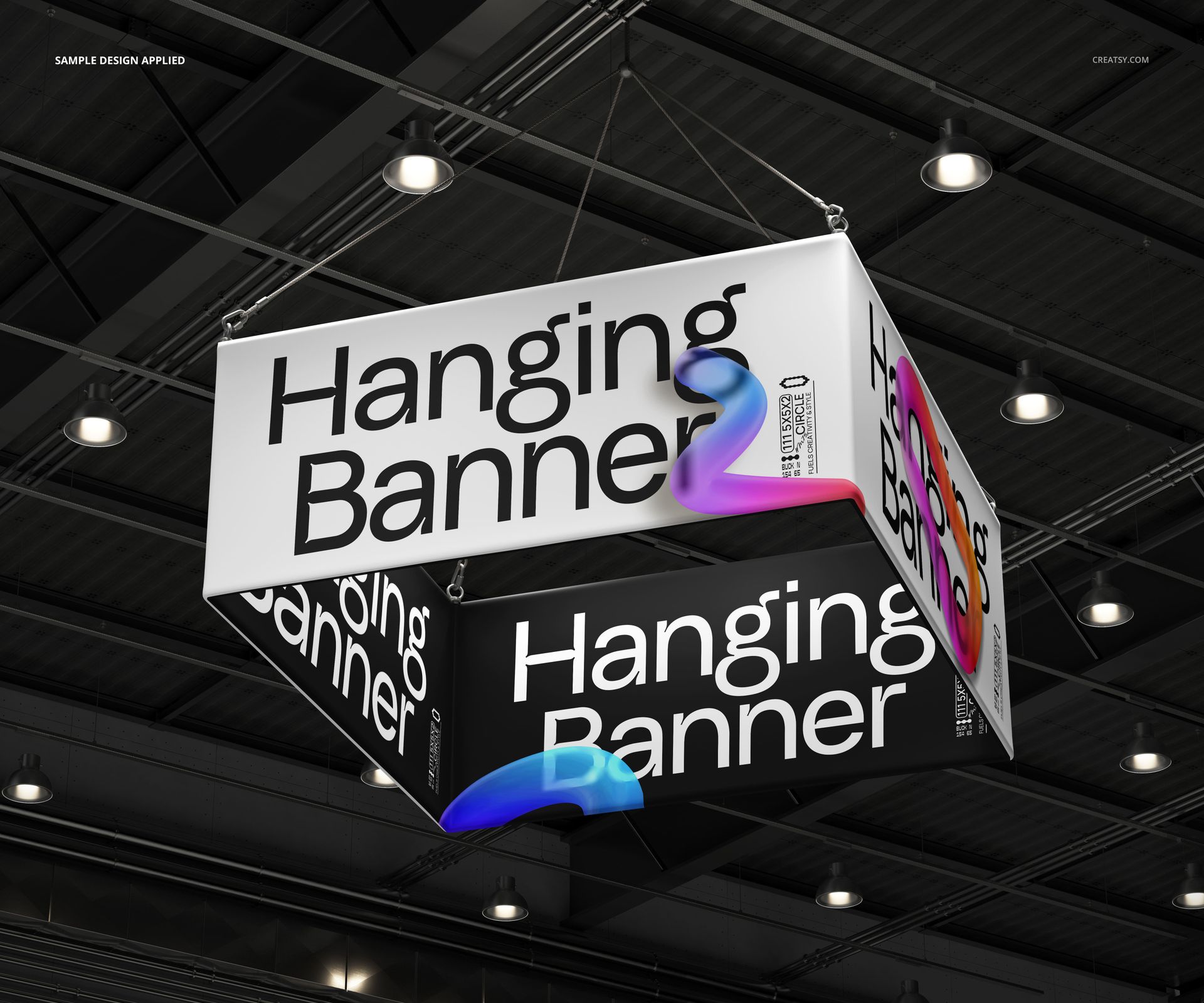 Large square banner mockup showing multiple sides with graphic text, hanging from metal cables in a modern indoor space.