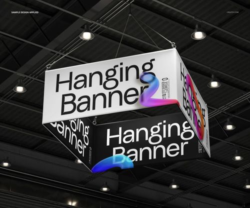 Large square banner mockup showing multiple sides with graphic text, hanging from metal cables in a modern indoor space.