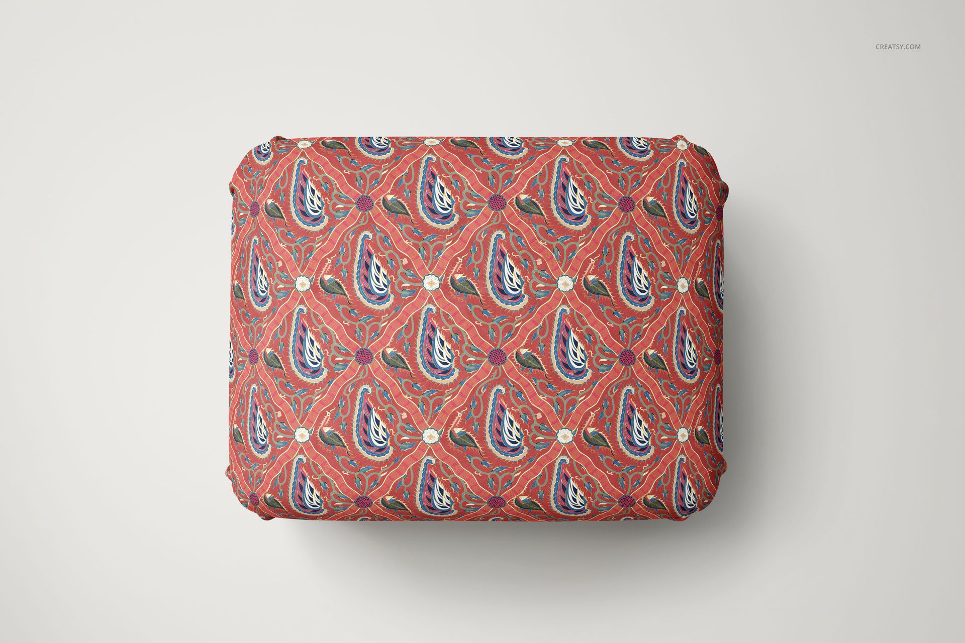 Rectangular velvet stool mockup featuring a bold multicolor pattern on the seat, displayed from above.