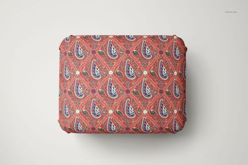 Rectangular velvet stool mockup featuring a bold multicolor pattern on the seat, displayed from above.