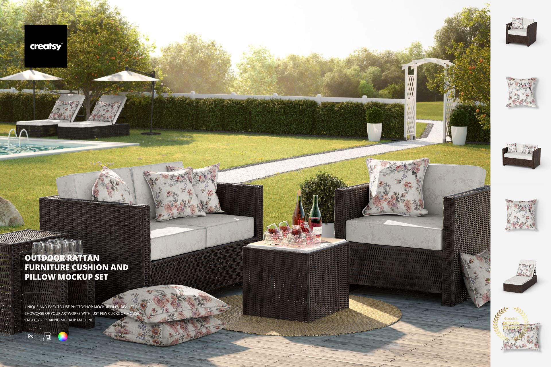 PSD mockup of outdoor rattan seating featuring patterned cushions and pillows, set on a wooden deck with greenery.