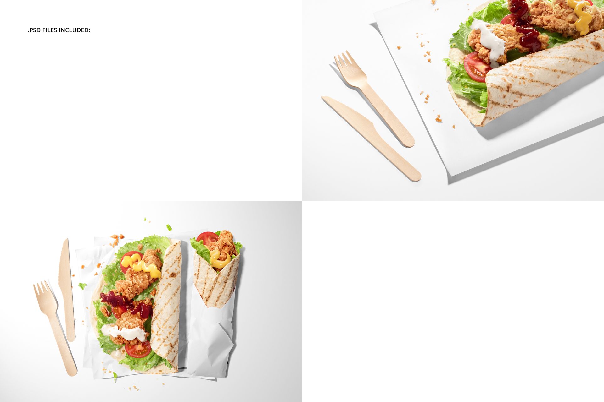 PSD mockup showing a tortilla wrap on food safe paper, surrounded by crumbs and wooden cutlery, bright background.
