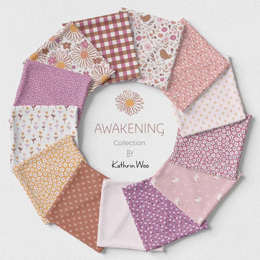 Folded fabrics mockup showing twelve patterned fabric squares arranged in a circle on a light background with centered text.