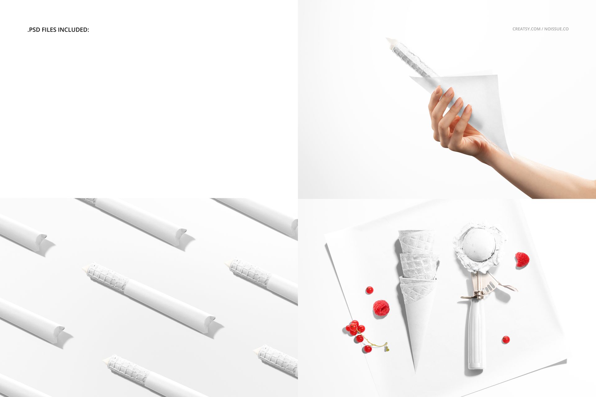 Food safe paper mockup featuring ice cream cone wrappers in white, displayed with a hand and dessert props on a white background.