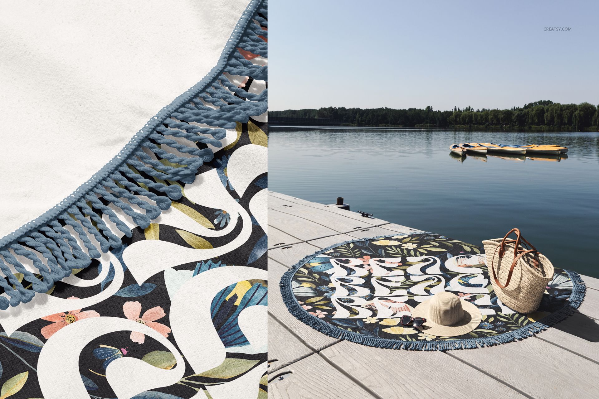 Round fringed towel mockup featuring a colorful botanical design, displayed on a wooden dock near calm water.