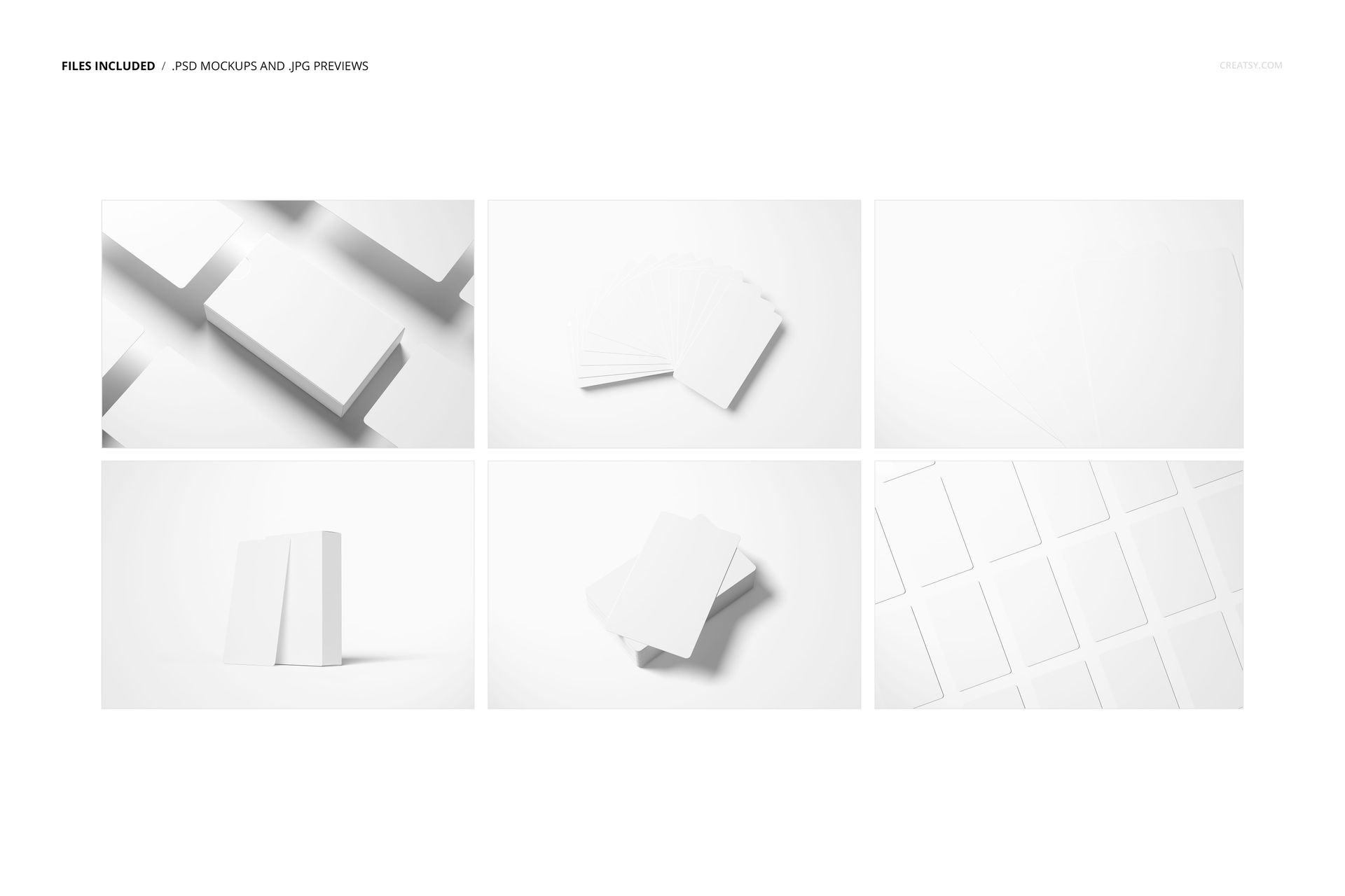 Multiple white tarot card mockups arranged in stacks, fans, and grids, photographed on a clean white surface.