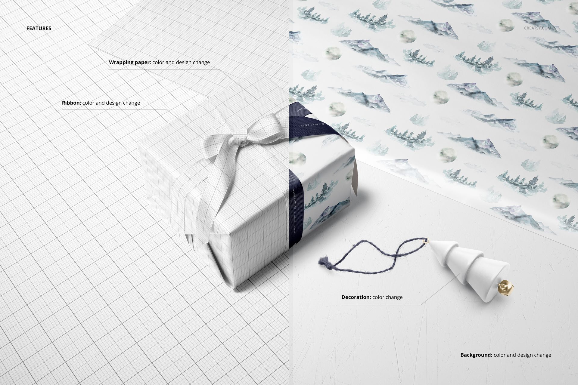 Gift wrapping paper mockup featuring a rectangular box wrapped in grid-patterned paper with a silver ribbon, shown from an angled top view.