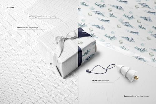 Gift wrapping paper mockup featuring a rectangular box wrapped in grid-patterned paper with a silver ribbon, shown from an angled top view.
