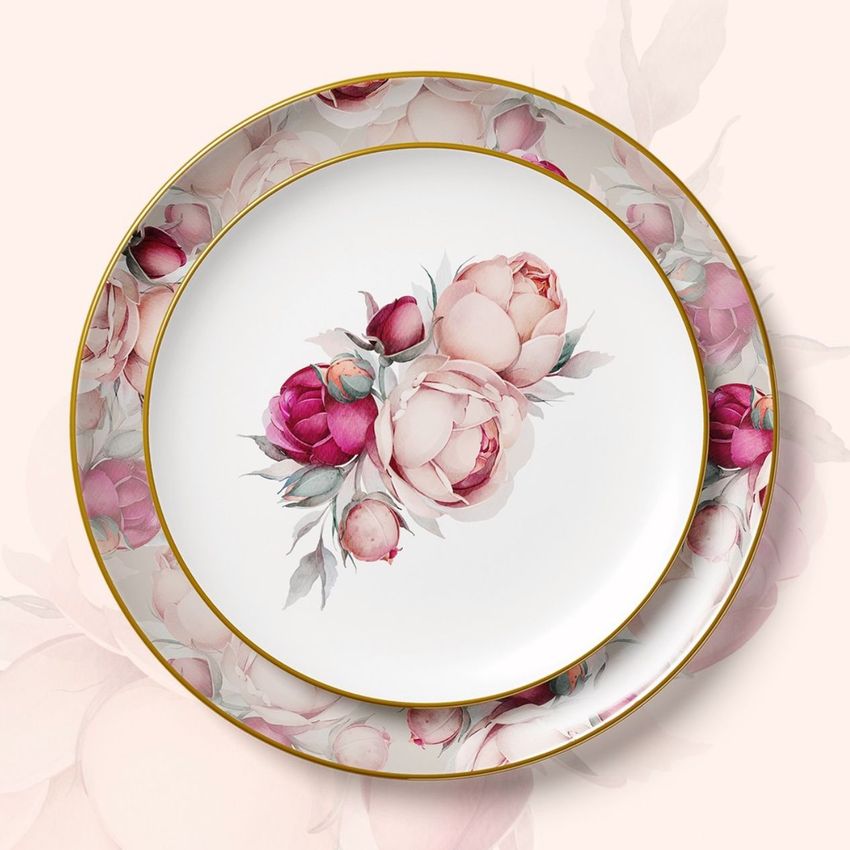Plate and placemat mockup featuring a floral pattern with pink and cream peonies on a white background and gold rim.