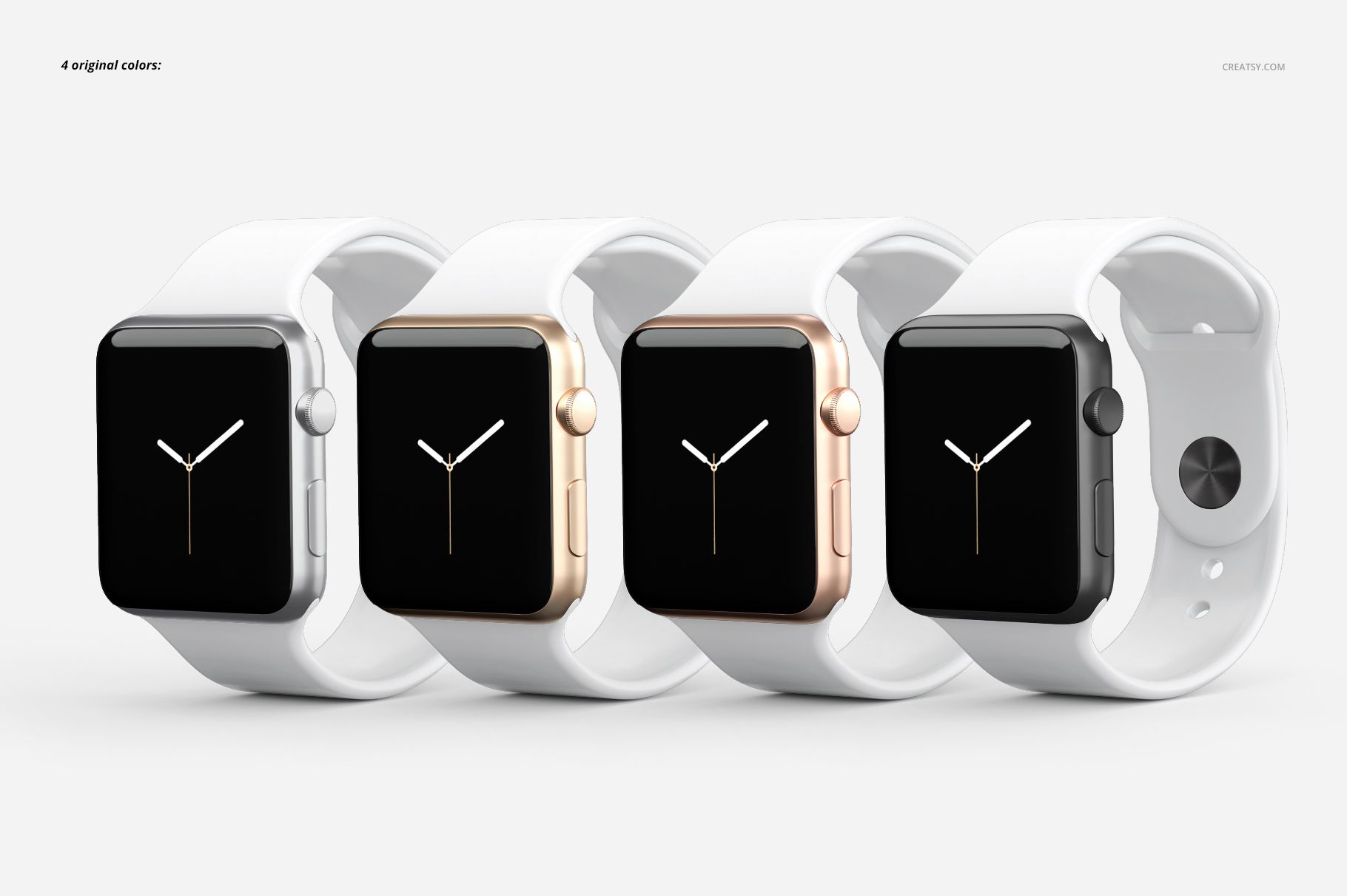 Four Apple Watch bands with white straps shown side by side, featuring different metallic case colors in a mockup scene.