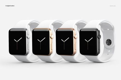 Four Apple Watch bands with white straps shown side by side, featuring different metallic case colors in a mockup scene.