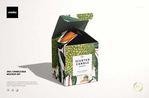 Front view of a 30cl candle box with botanical artwork, open lid, and white background, shown as a mockup.