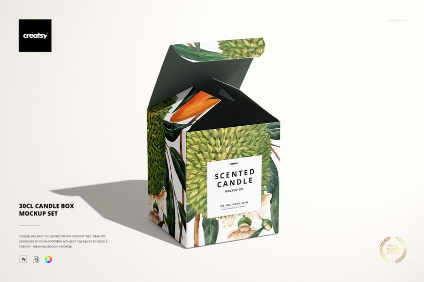 Front view of a 30cl candle box with botanical artwork, open lid, and white background, shown as a mockup.