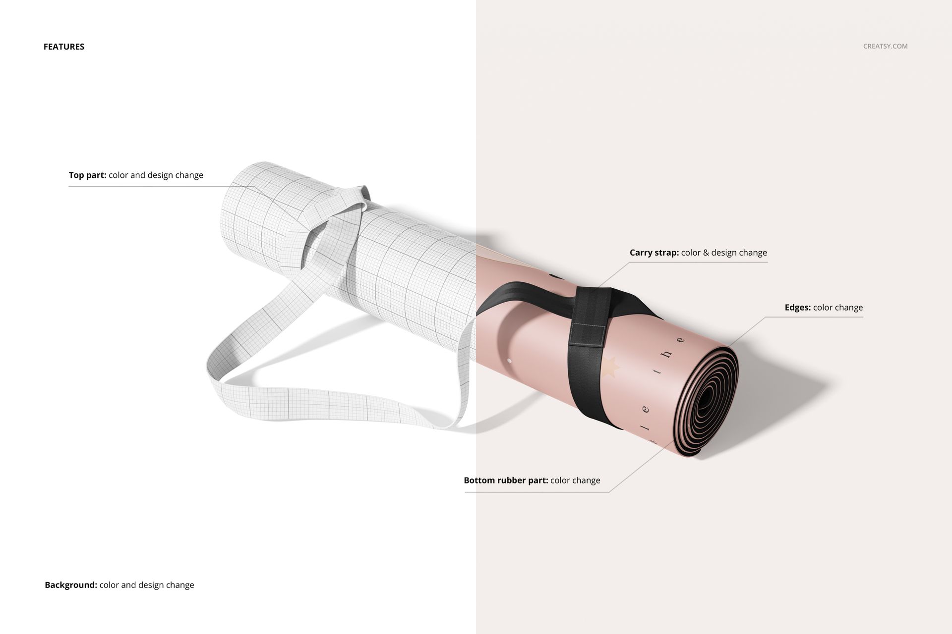 PU leather yoga mat mockup displayed rolled up, half in a white grid pattern and half in solid pink, with a gray carry strap.