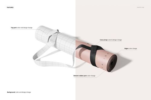 PU leather yoga mat mockup displayed rolled up, half in a white grid pattern and half in solid pink, with a gray carry strap.