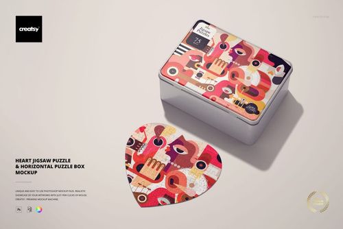 PSD mockup of a heart jigsaw puzzle and rectangular box with bold geometric artwork, arranged on a neutral background.