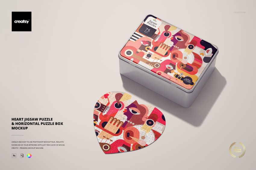 PSD mockup of a heart jigsaw puzzle and rectangular box with bold geometric artwork, arranged on a neutral background.