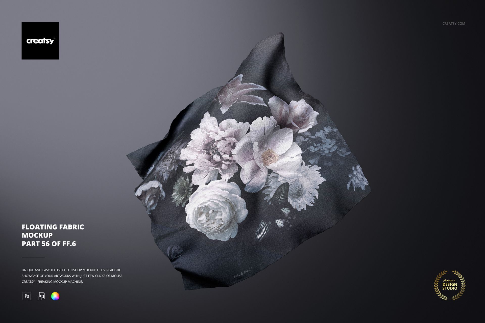 PSD mockup of a square textile with light floral design, displayed suspended over a solid dark background, frontal angle.