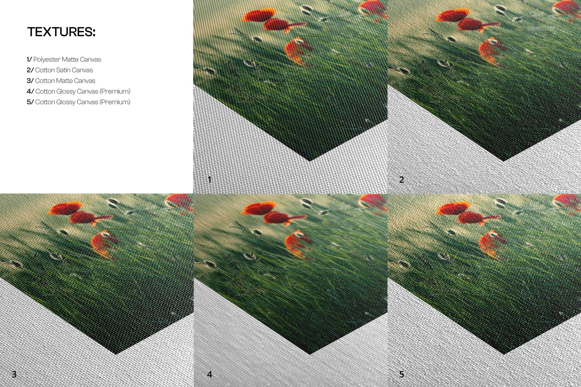 Five canvas print mockups displayed side by side, highlighting various surface textures and vibrant flower designs.