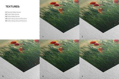 Five canvas print mockups displayed side by side, highlighting various surface textures and vibrant flower designs.