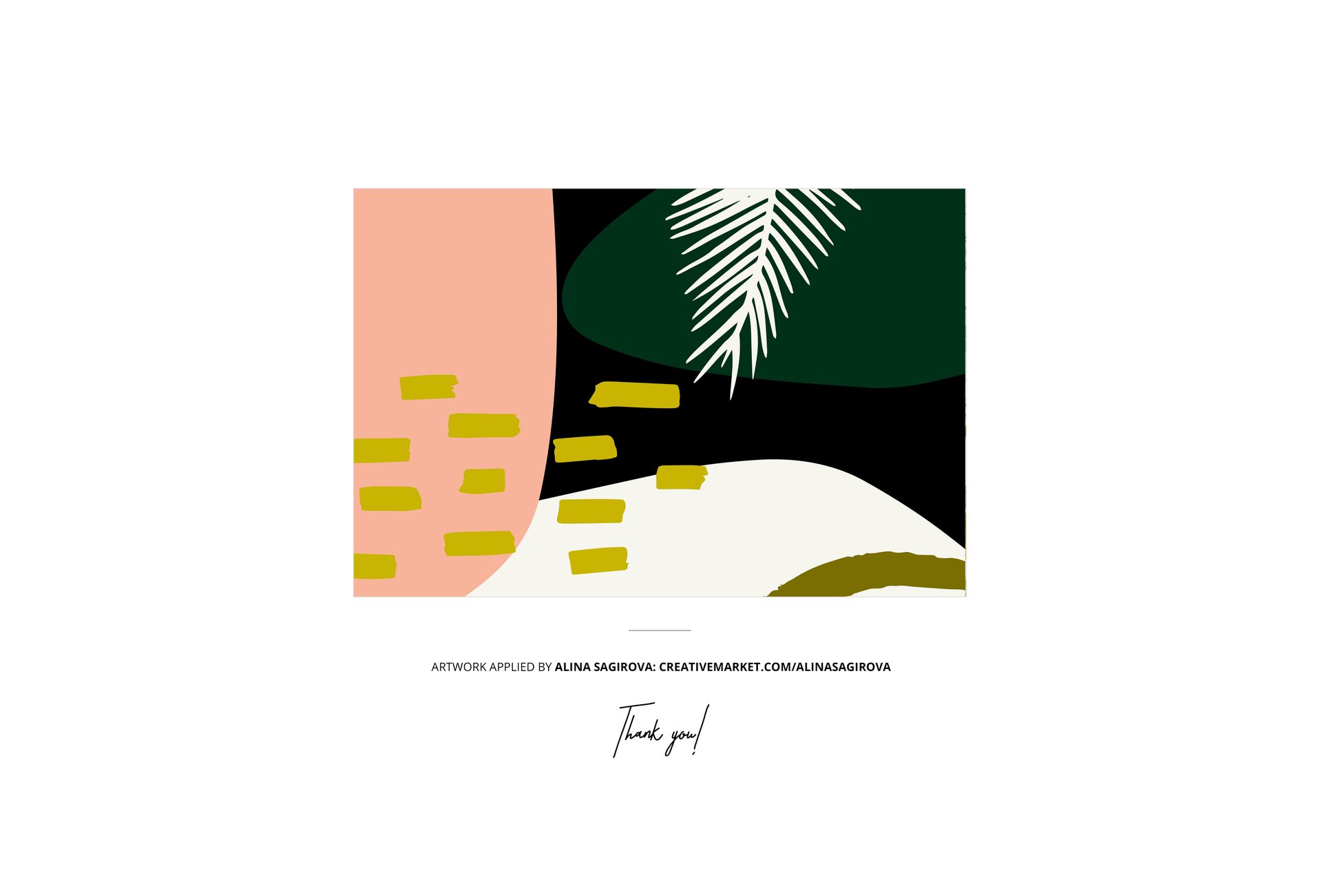 Rectangular mockup with bold, hand-painted shapes in pink, green, yellow, and white, viewed from the front.