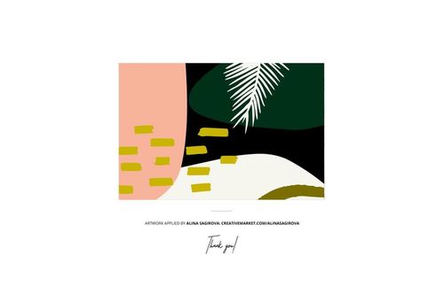 Rectangular mockup with bold, hand-painted shapes in pink, green, yellow, and white, viewed from the front.