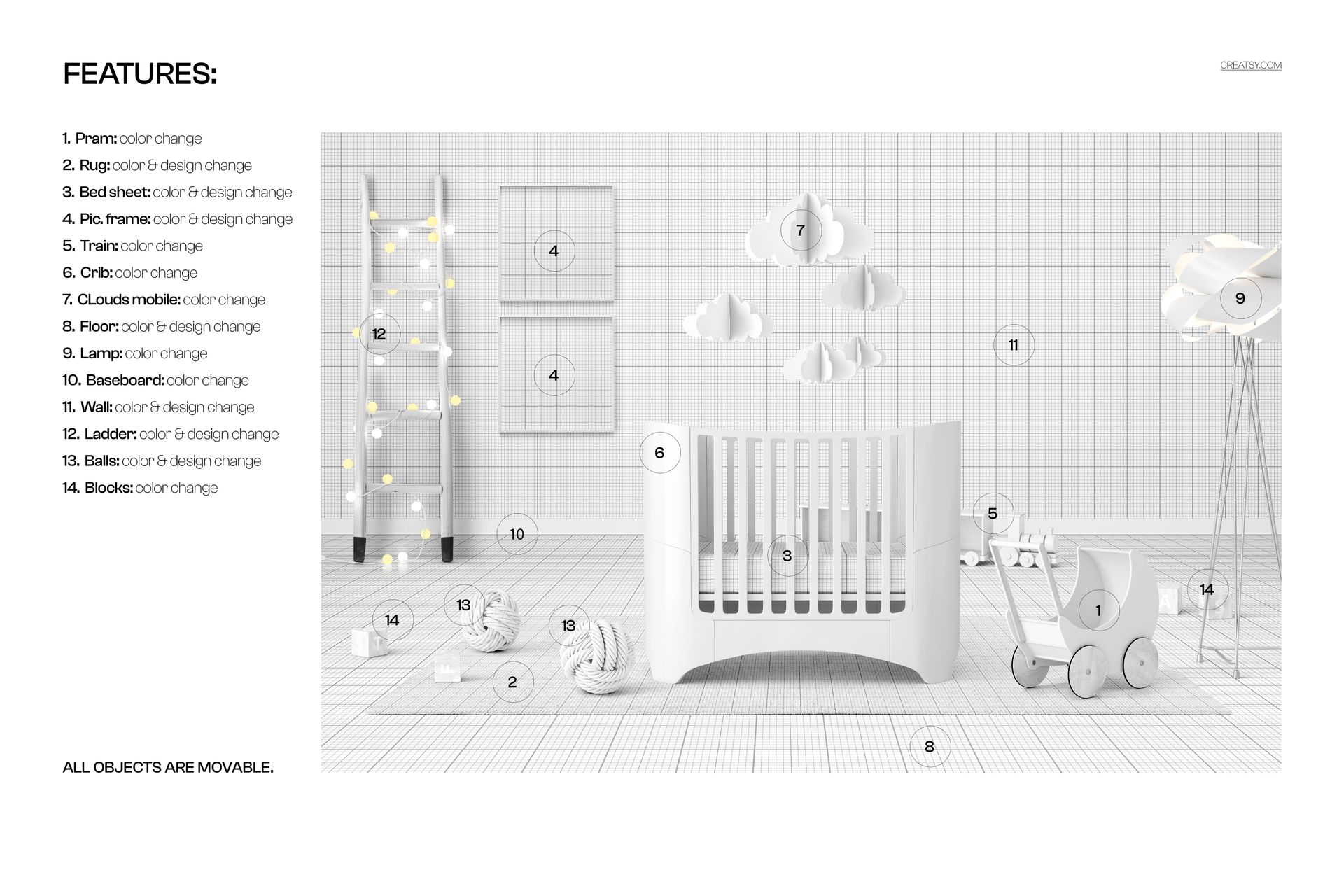 Oval baby crib and toy pram in a modern nursery mockup with white decor, grid walls, and movable props.