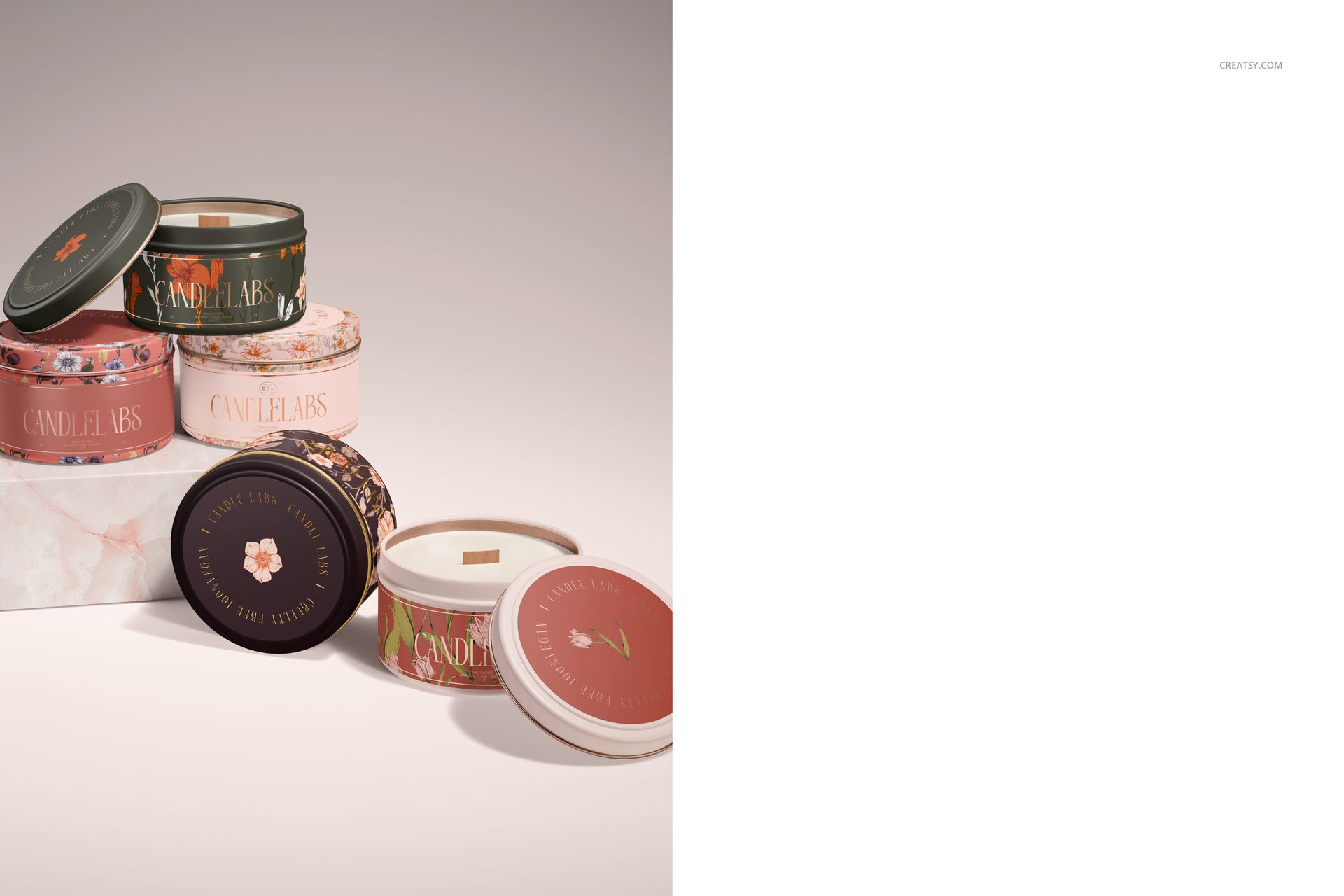 PSD mockup set of 4 oz. candle tins in different colors and patterns, arranged in a group with visible wooden wicks.