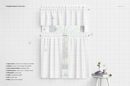 PSD mockup of valance and cafe curtains featuring a light grid design, window view, and minimal accessories on the side table.