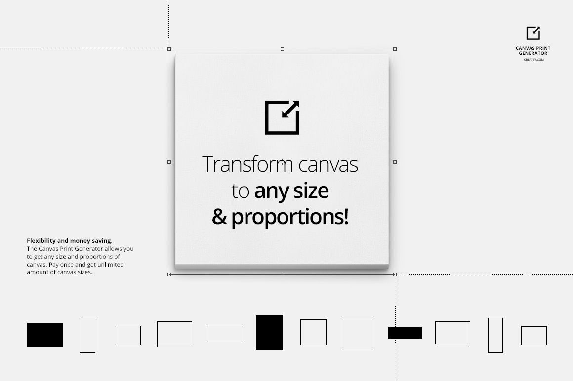 Front view of a square canvas print mockup on a light background, surrounded by various canvas size icons.