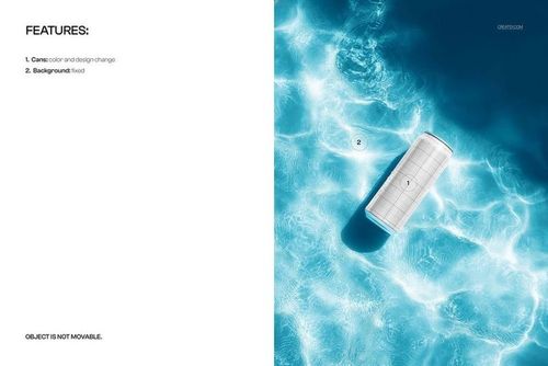 Tall soda can with blank white label floating in clear blue pool water, top view, PSD mockup scene.