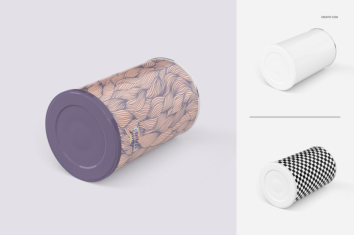 Tin canister mockup set featuring three cylindrical containers with different patterns and colors on a light background.