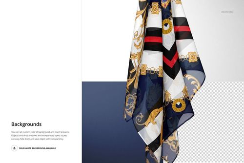 Hanging chiffon silk scarf with ornate gold, navy, black, and red geometric pattern, shown front view on mockup.
