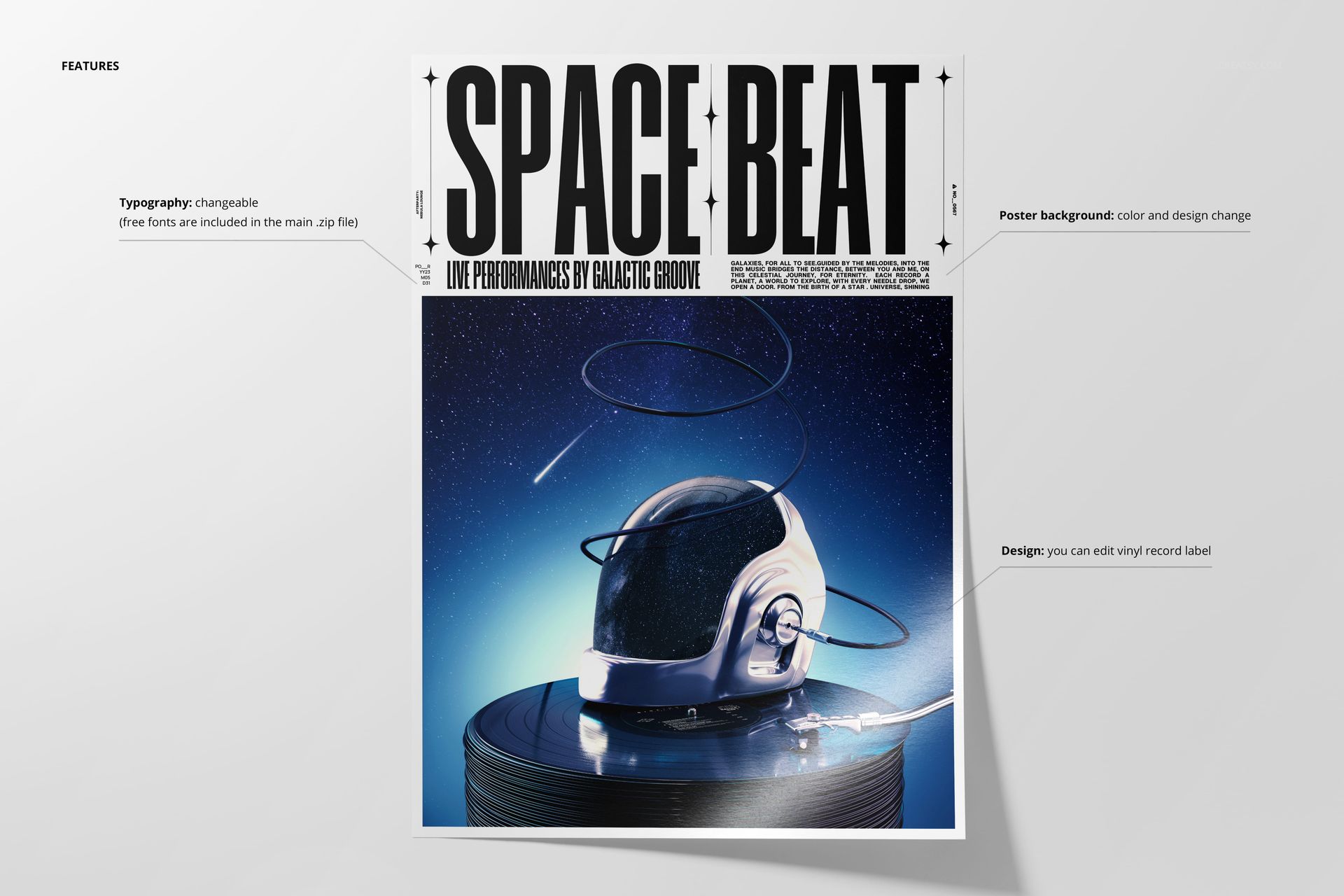 Poster mockup with a large vinyl record, astronaut helmet, and swirling lines set in a cosmic blue scene.