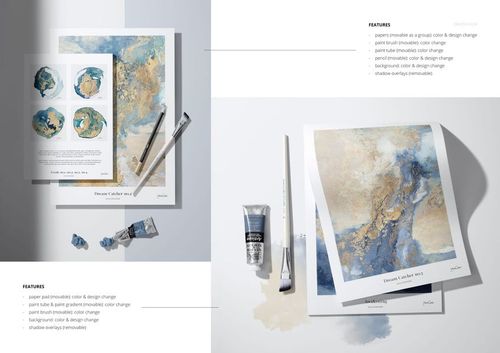 Top view of art paper mockups featuring textured artwork, paint supplies, brushes, and scattered pastel pieces.