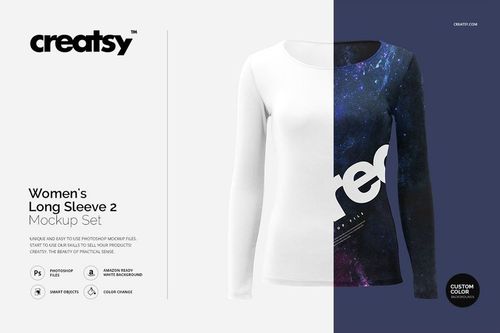 Front view of a women's long sleeve shirt mockup, split design with white on one side and galaxy pattern on the other.