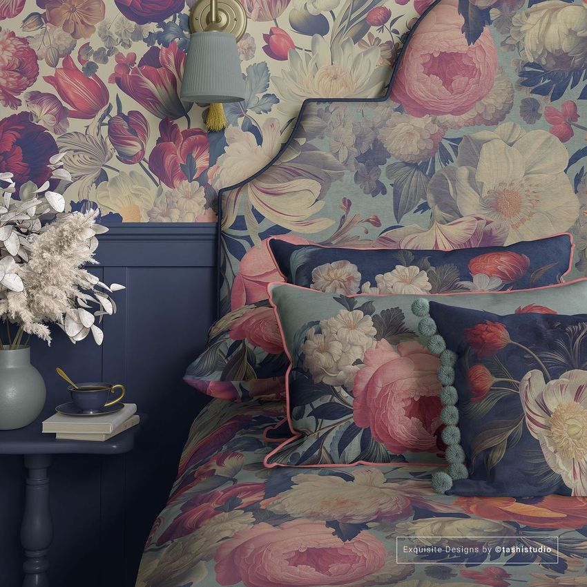 Bedroom pillows, headboard, and wallpaper mockup featuring a floral pattern in muted pink, blue, and cream tones.
