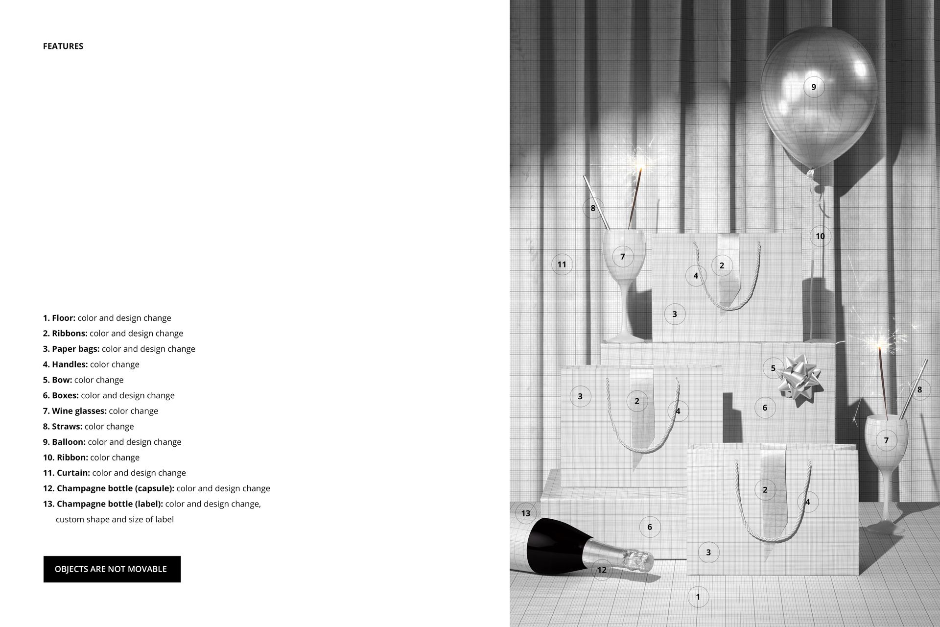 Front view of party gift bags with ribbon ties and rope handles, arranged with balloons and champagne bottle in a mockup scene.