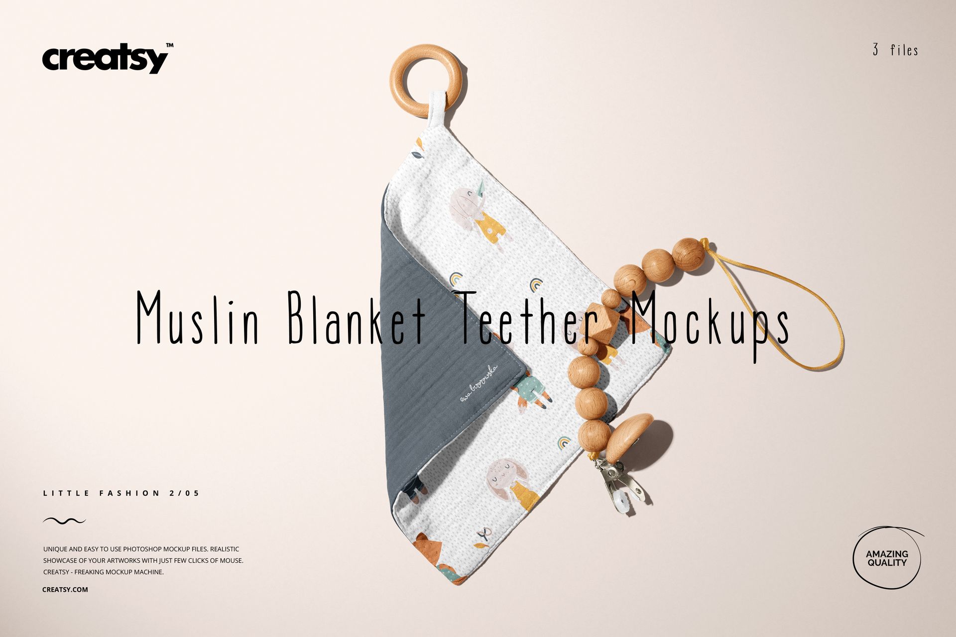 Mockup of a muslin blanket and wooden teether, showing soft fabric, wooden ring, and decorative beads on a pale background.